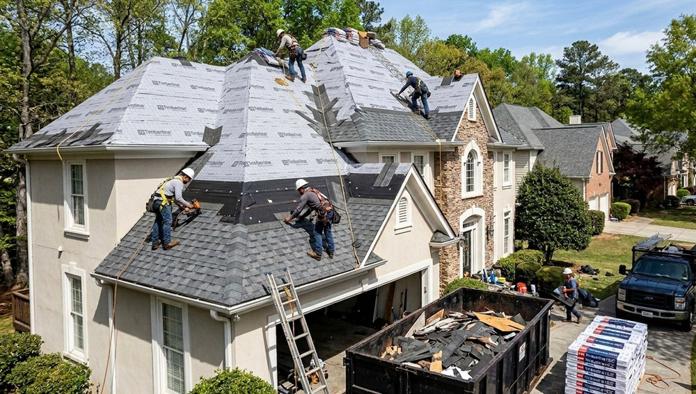 A home with a newly installed full roof